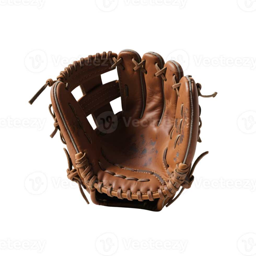 Well worn brown leather baseball glove isolated on transparent background png