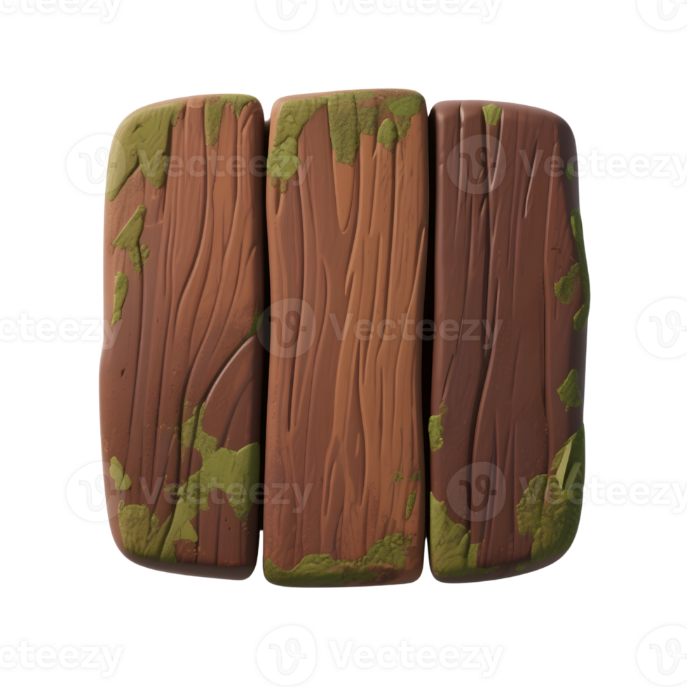 Three cartoon wooden planks with moss isolated on transparent background png