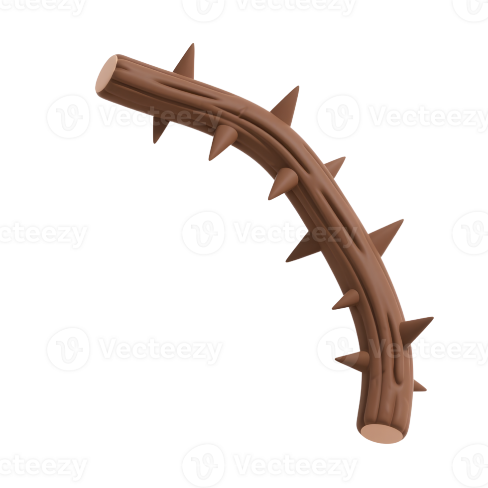 A curved brown thorn branch isolated on transparent background in 3d png