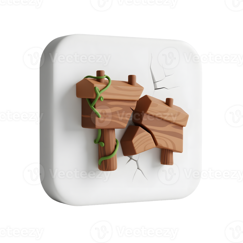 A broken wooden sign with vines isolated on transparent background png