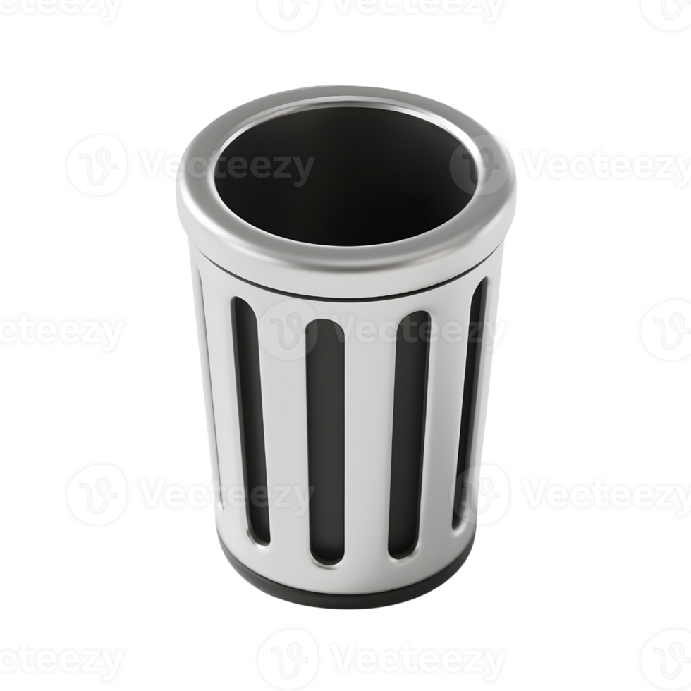 A silver metal trash can isolated on transparent background png
