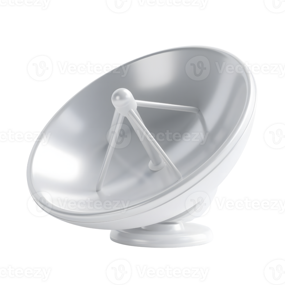 A white satellite dish receives signals, isolated on transparent background png
