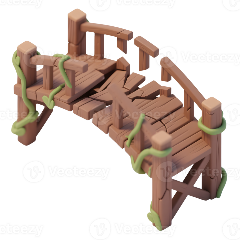 Cartoon broken wooden bridge with vines isolated on transparent background png