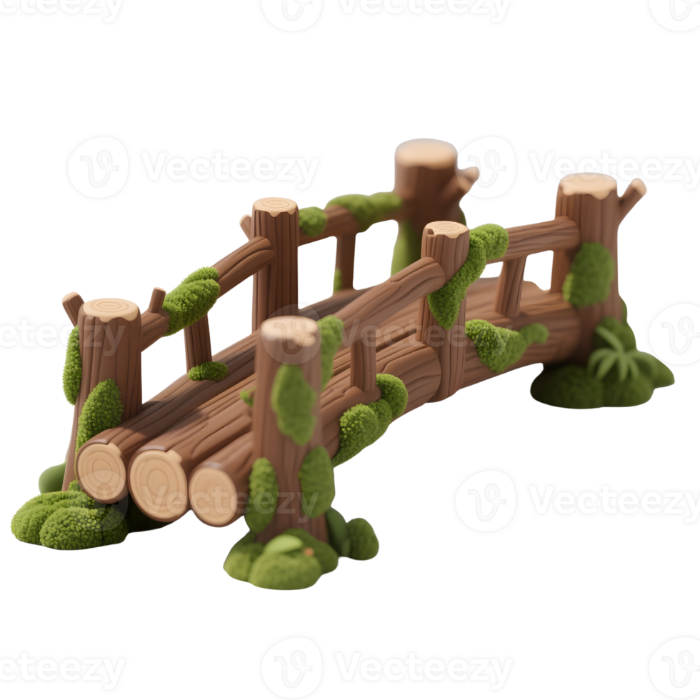 A cartoon wooden bridge covered in moss isolated on transparent background png
