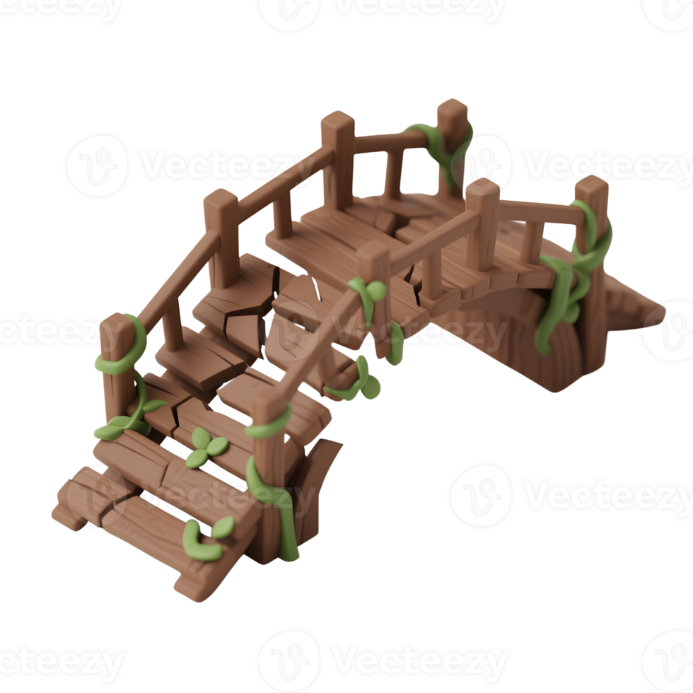 Cartoon broken wooden bridge with stairs and vines isolated on transparent background png