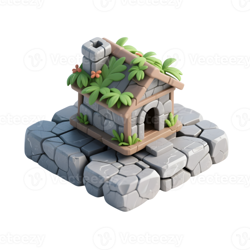 A stone house with plants isolated on transparent background png