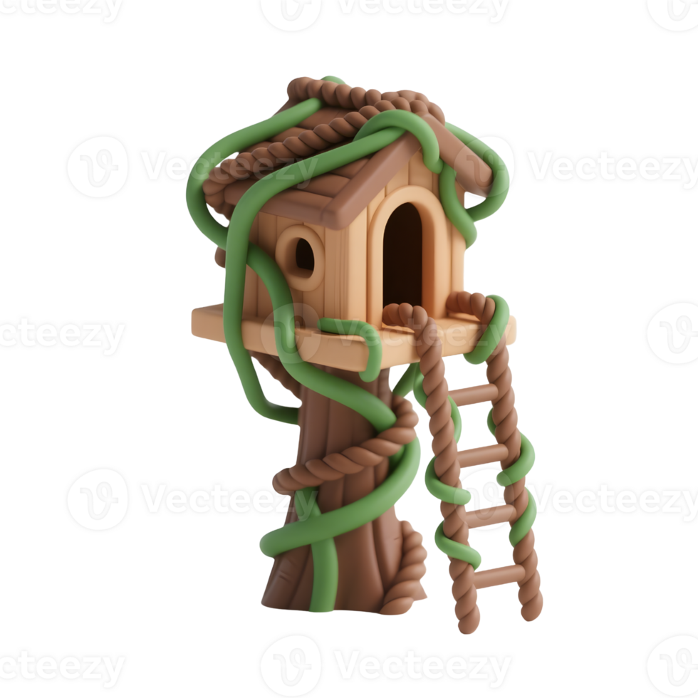 A cartoon treehouse with a rope ladder isolated on transparent background png