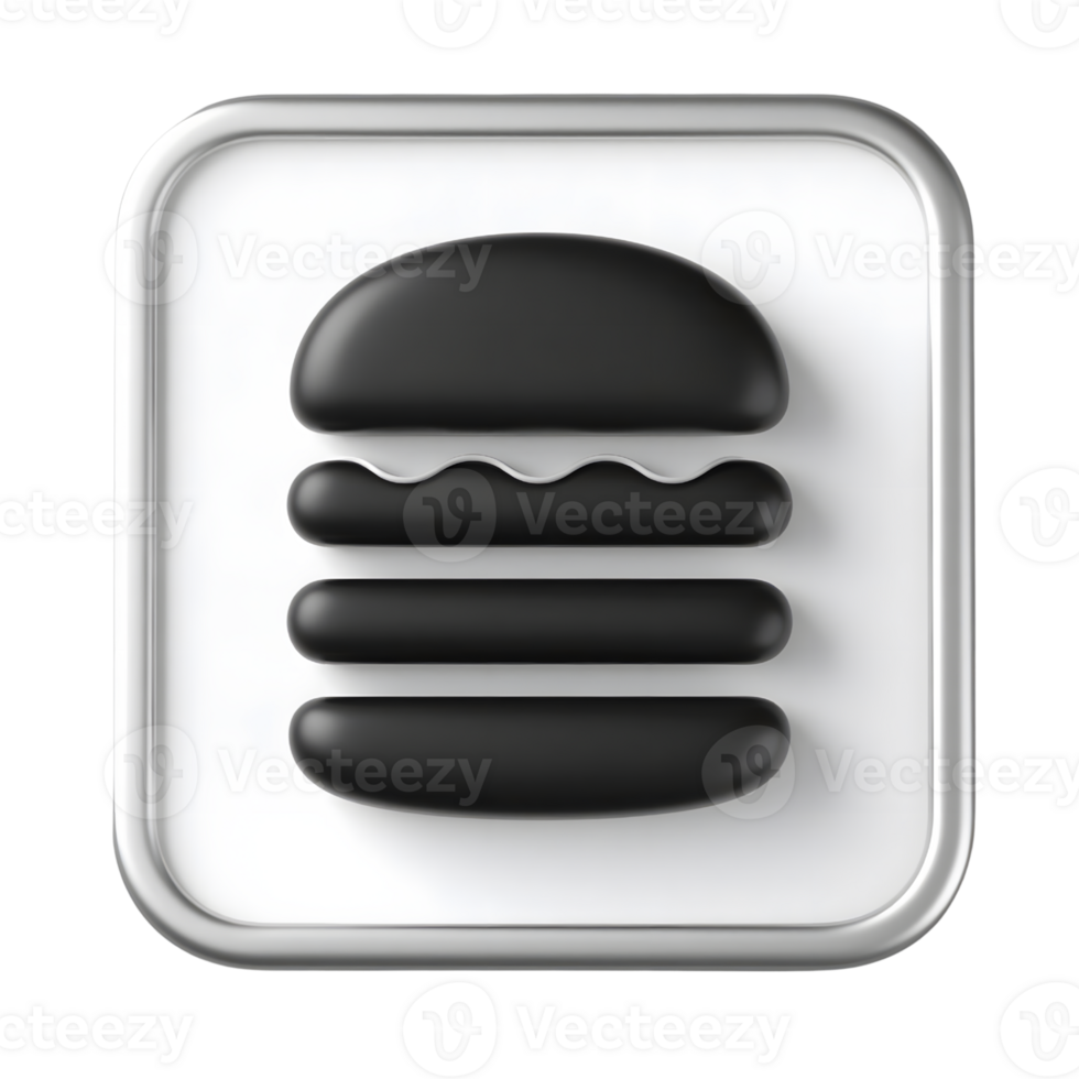 A black burger icon on a square button isolated on transparent background png