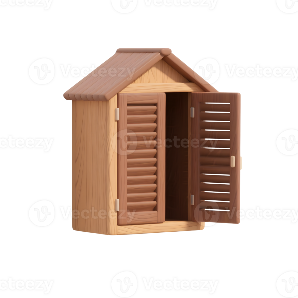 A wooden house with open shutters isolated on transparent background png