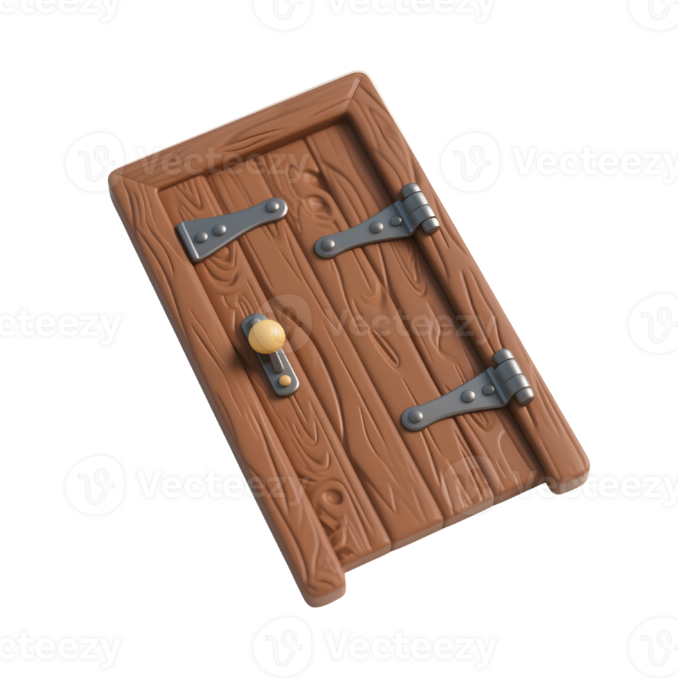 A wooden door with metal hinges isolated on transparent background png