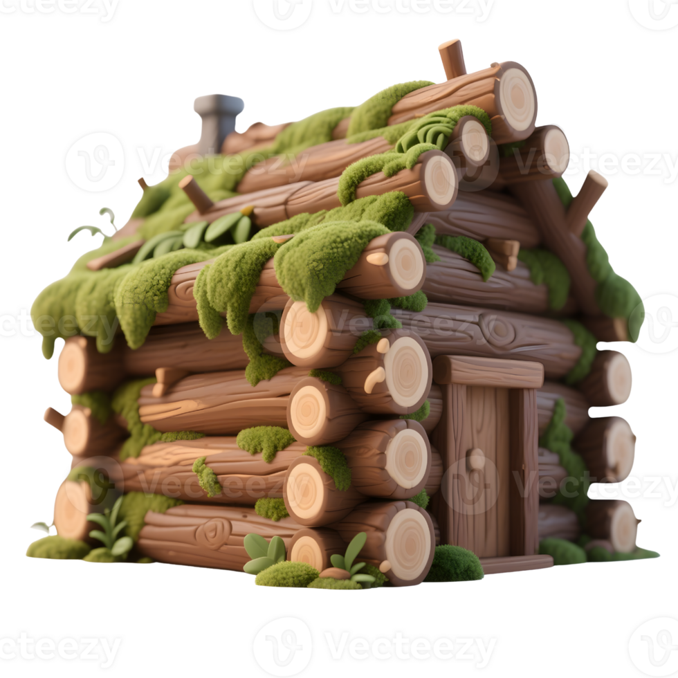 A mosscovered log cabin isolated on transparent background png