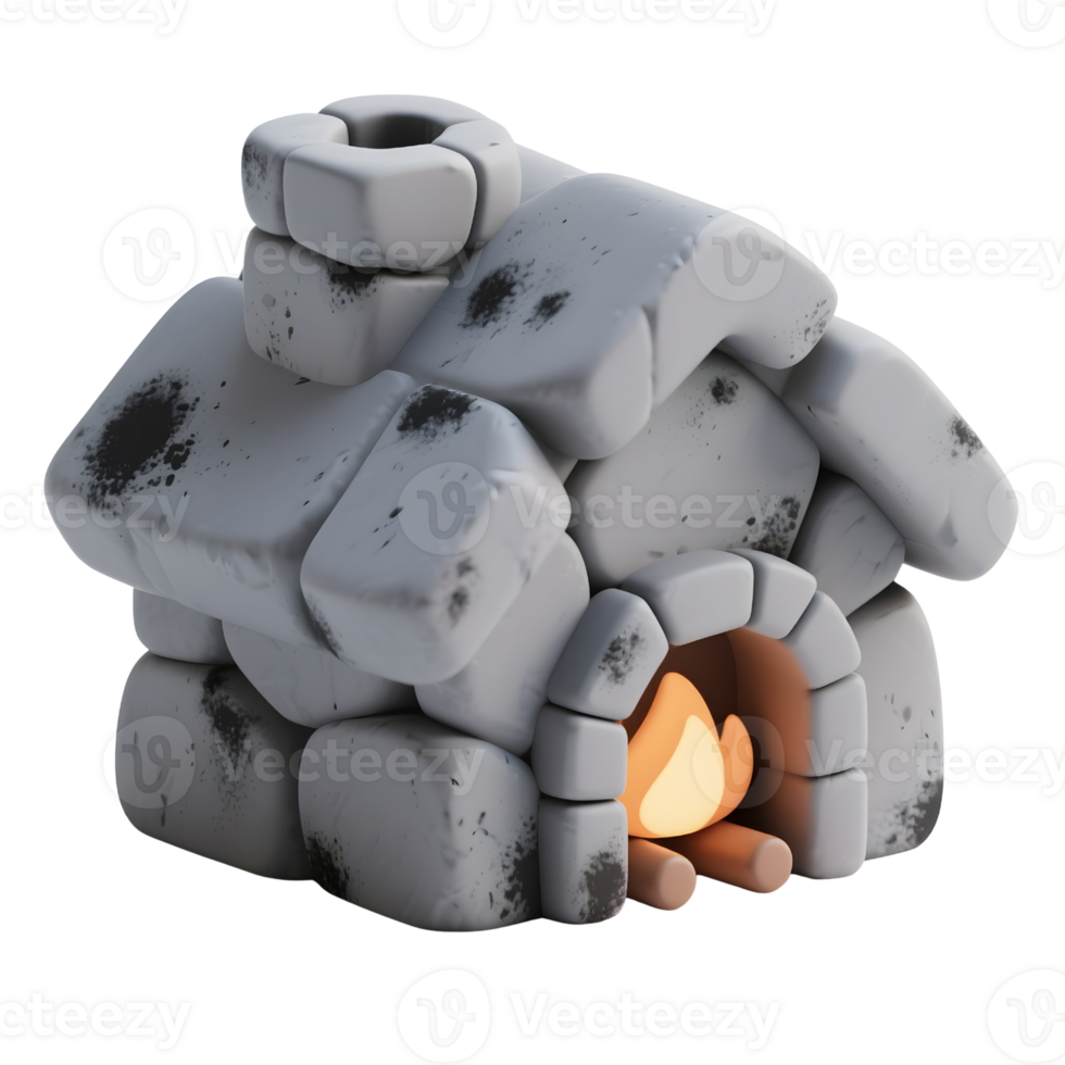 A stone house with a cozy fireplace isolated on transparent background png
