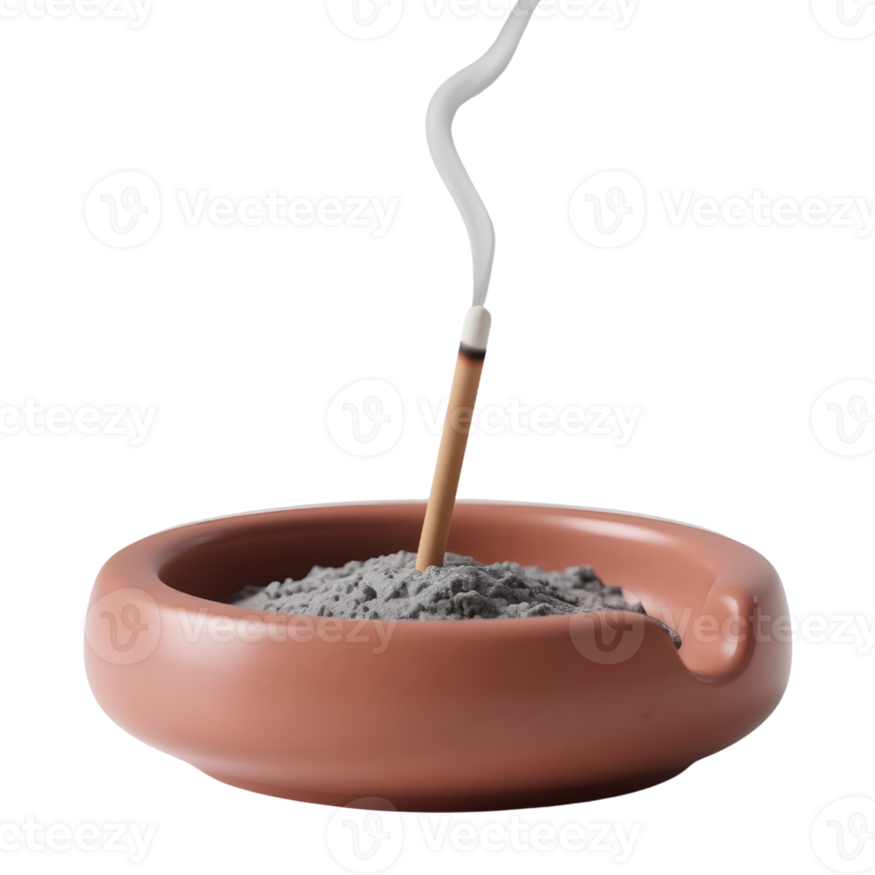 A burning incense stick with smoke in a ceramic holder isolated on transparent background png