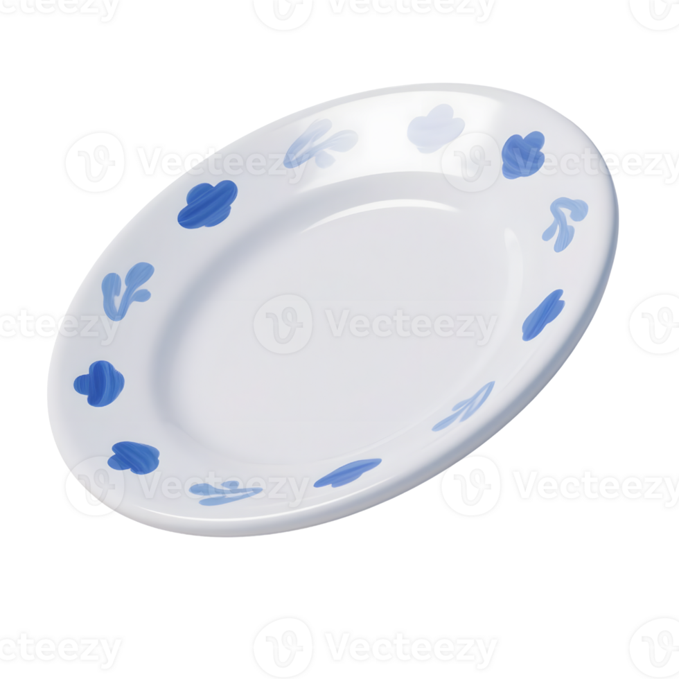 A white plate with blue floral pattern isolated on transparent background png