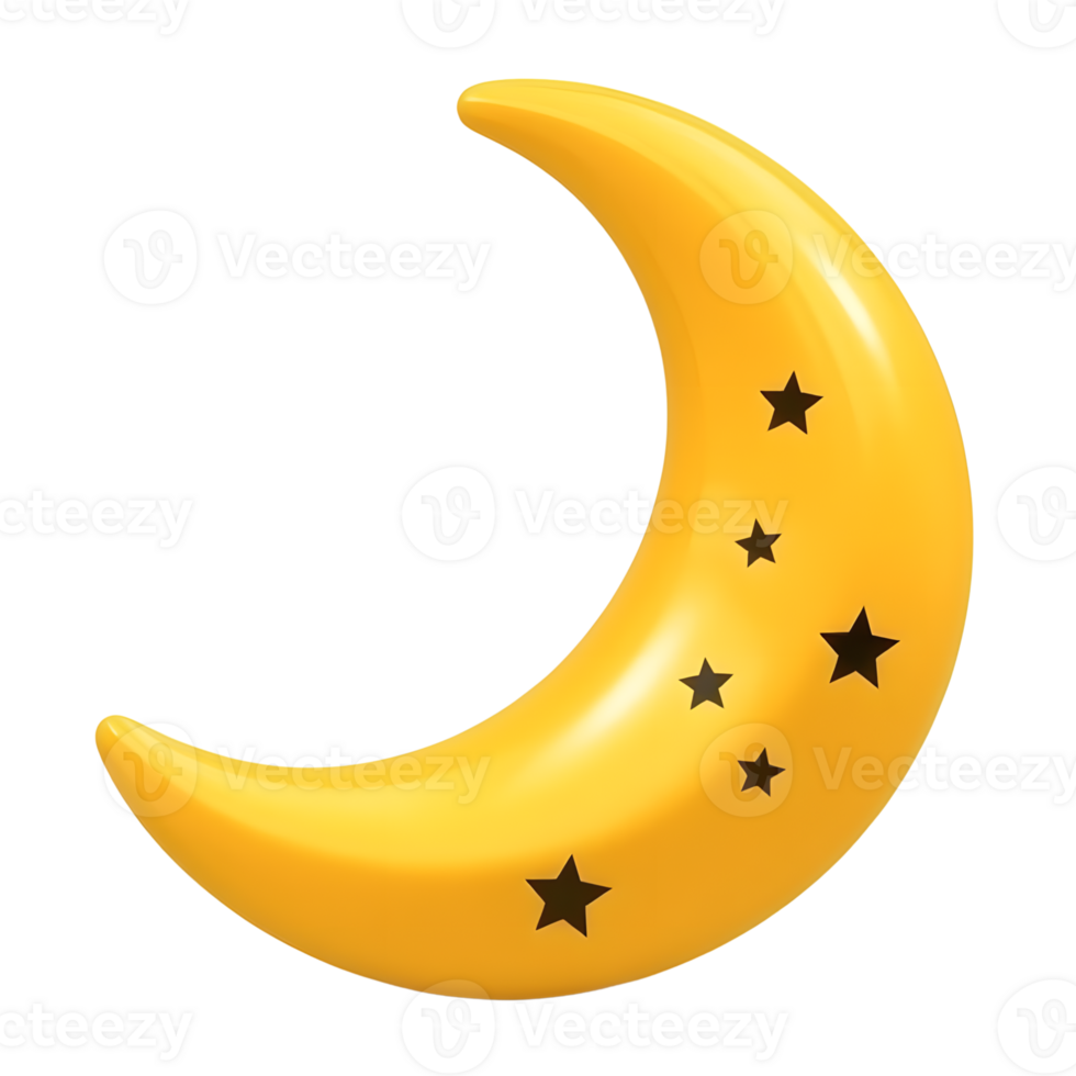 A yellow crescent moon with stars isolated on transparent background png