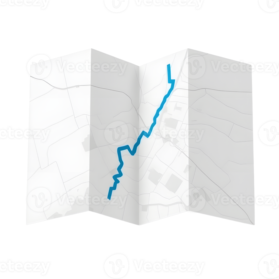 A folded paper map with a blue route isolated on transparent background png