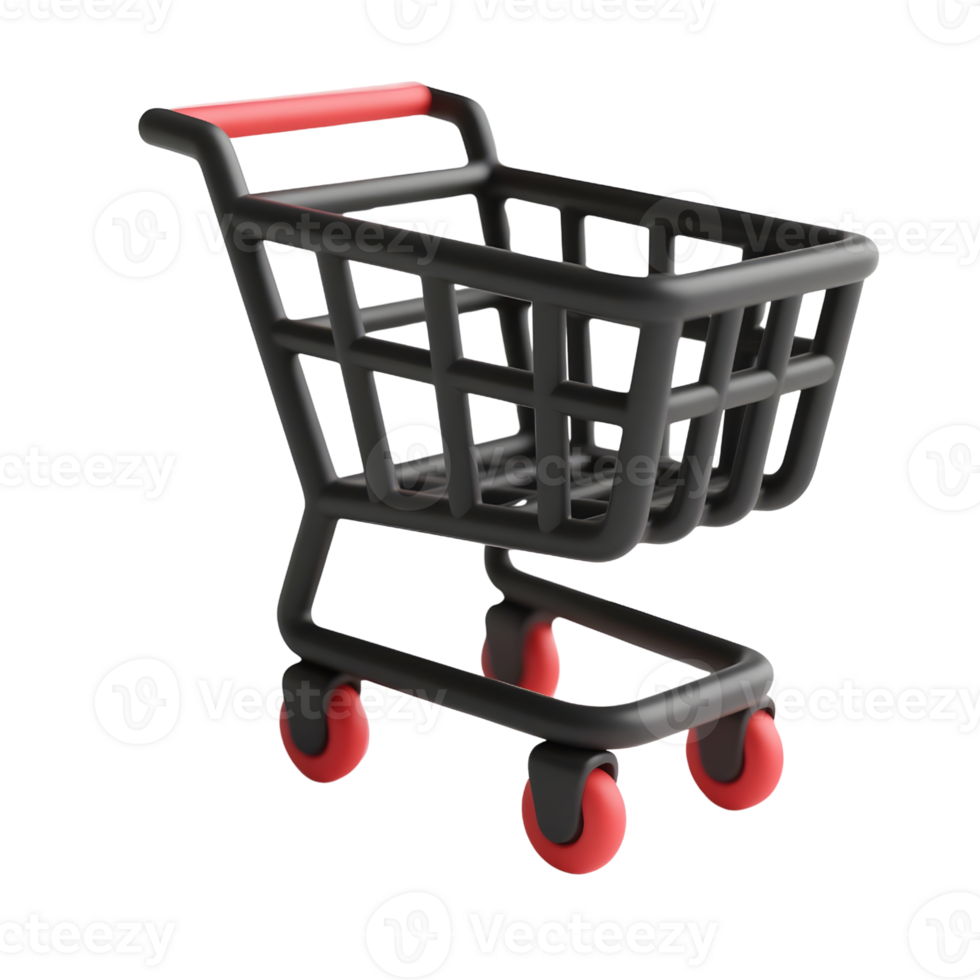 A black shopping cart with red accents isolated on transparent background png