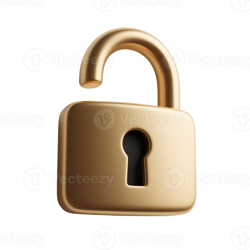 An open golden padlock isolated on transparent background symbolizes freedom png