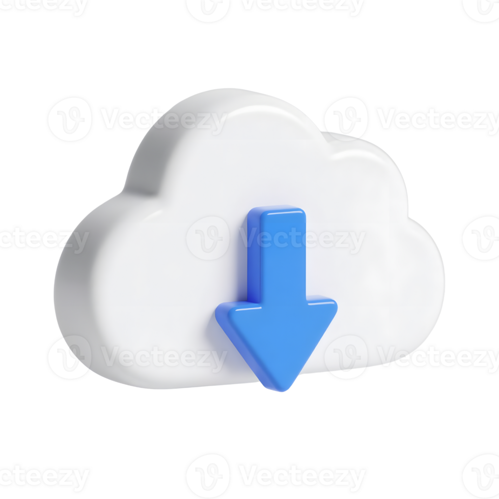A white cloud with a blue download arrow isolated on transparent background png