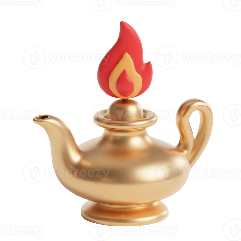A golden magic lamp with a red flame isolated on transparent background png