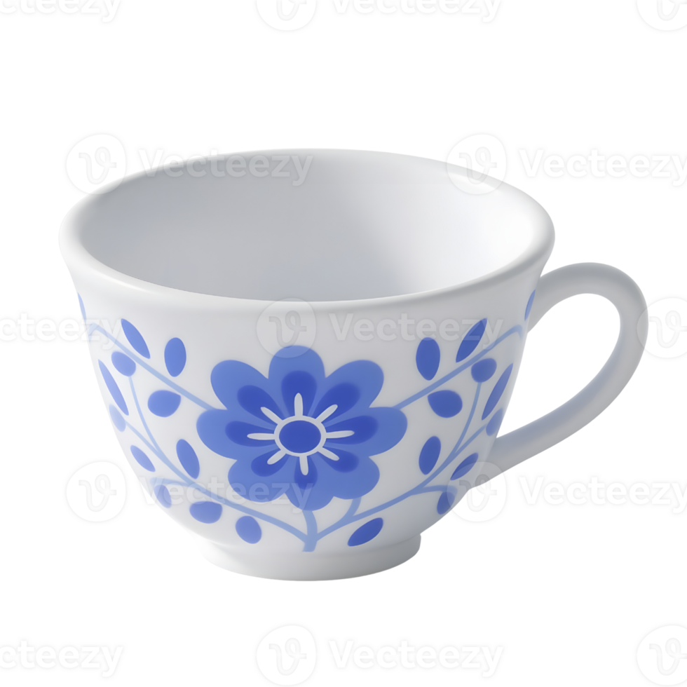 A white ceramic cup with blue floral pattern isolated on transparent background png