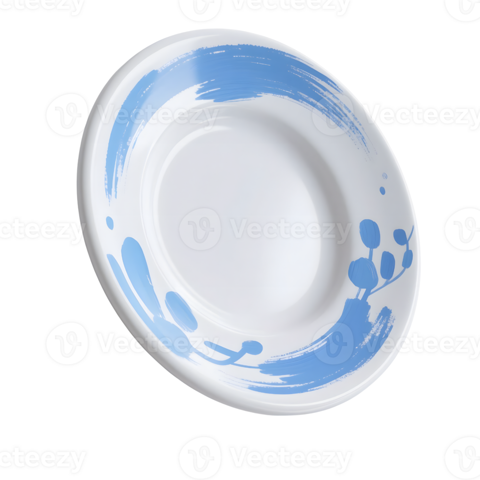 A white plate with blue brush stroke design isolated on transparent background png