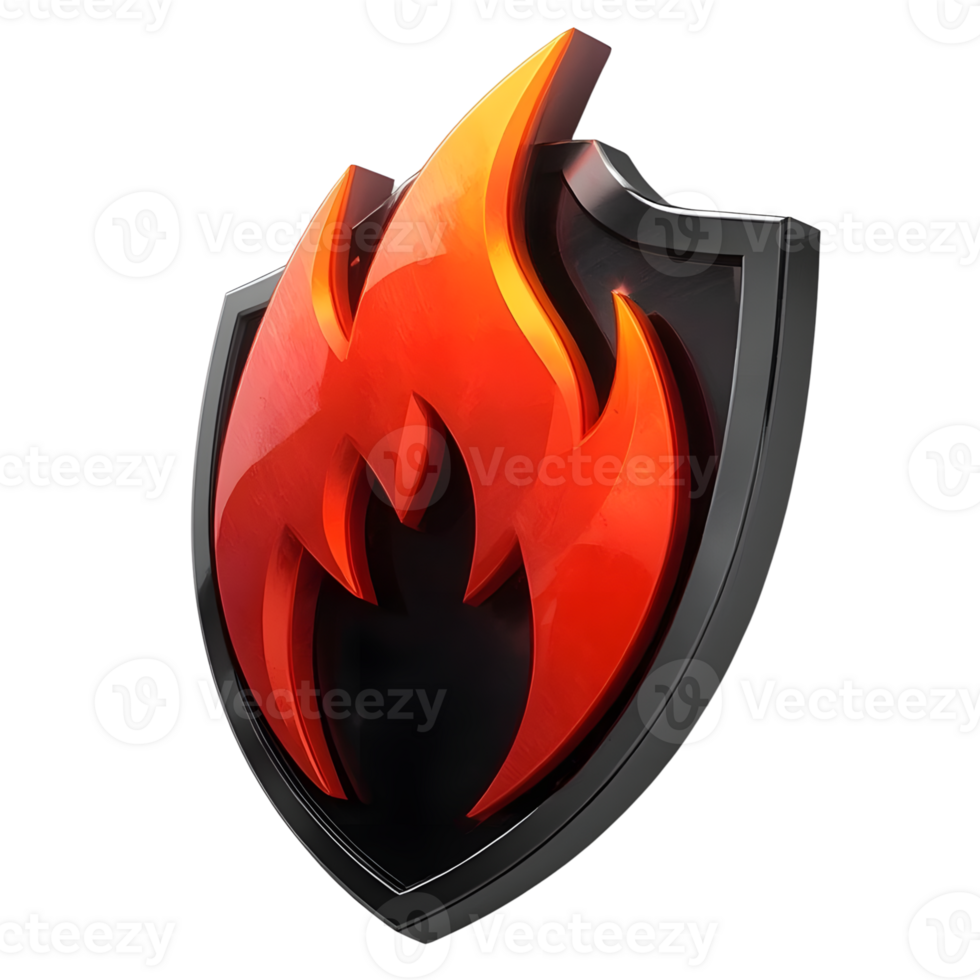 A black shield with a red fire emblem isolated on transparent background png