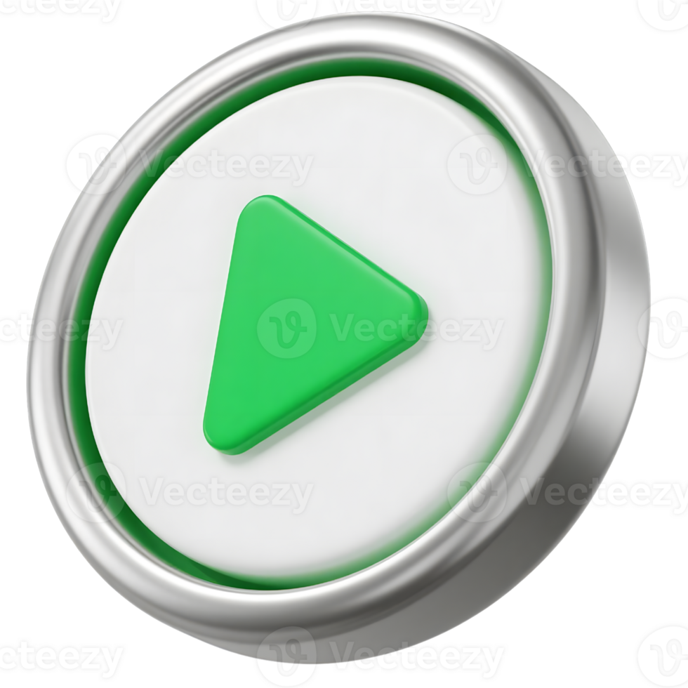 A green play button with a silver frame isolated on transparent background png