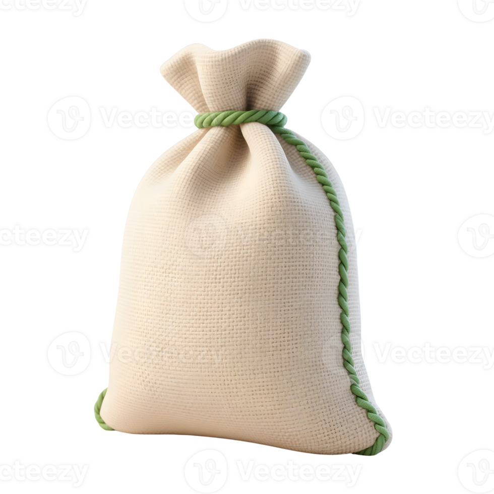 A tied burlap sack with green rope isolated on transparent background png