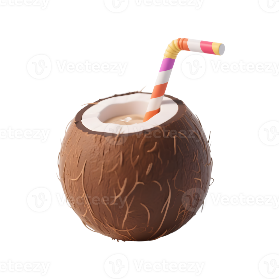 A coconut drink with a striped straw isolated on transparent background png