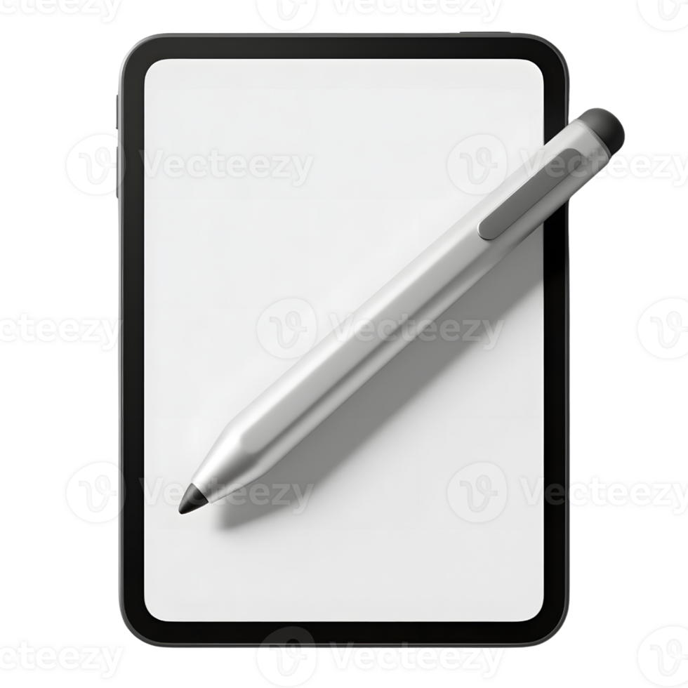 A tablet with stylus isolated on transparent background with a blank screen png