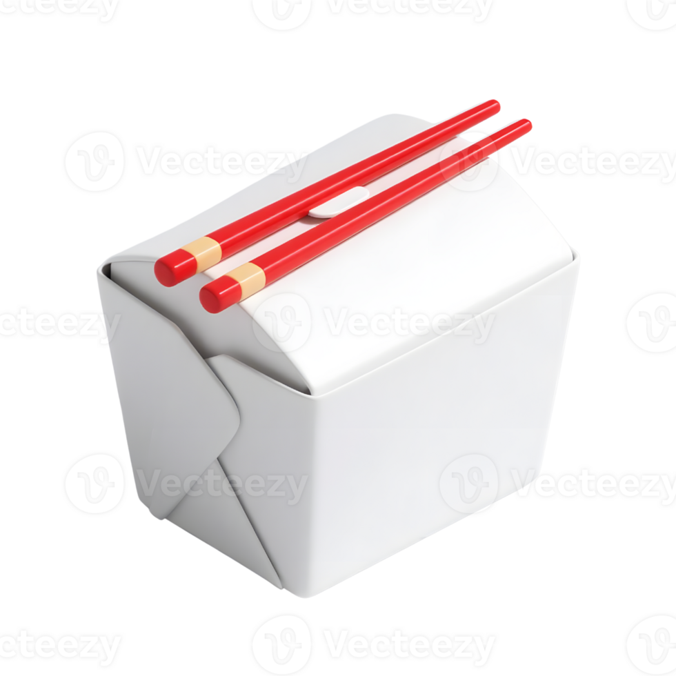 A white takeout box with red chopsticks isolated on transparent background png