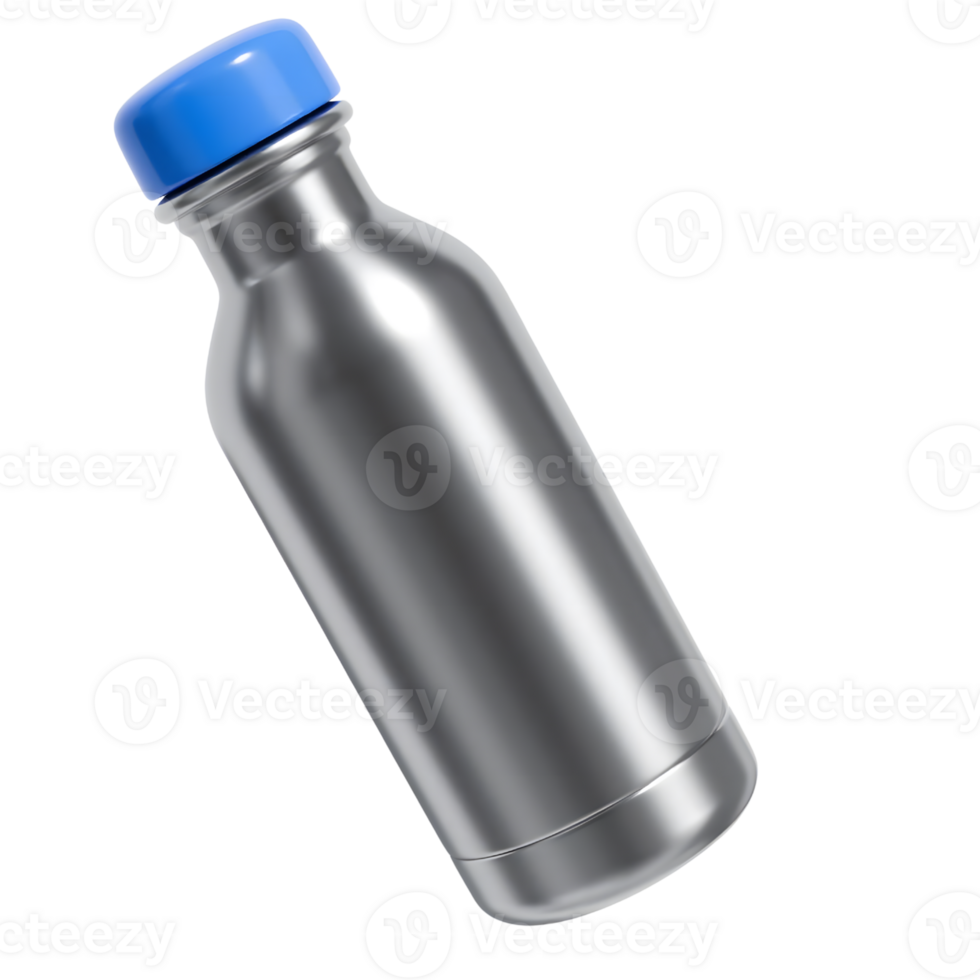 A sleek silver metal water bottle with a blue cap isolated on transparent background png