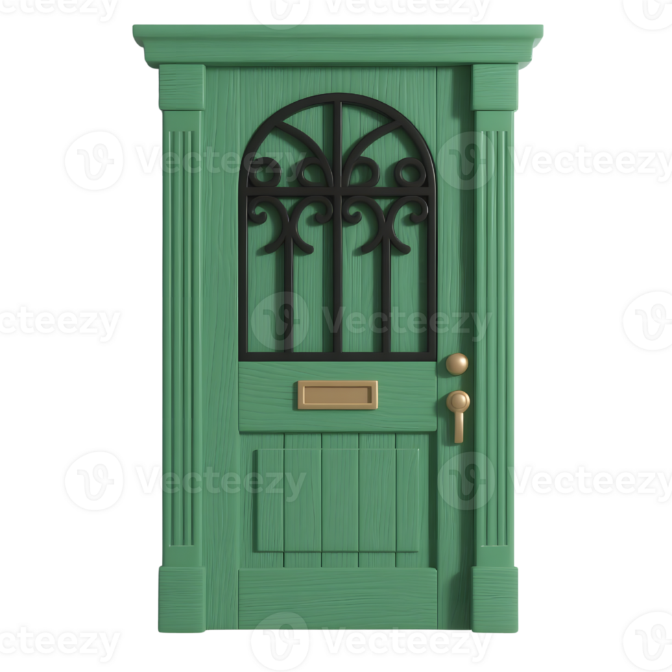 A green wooden door with window isolated on transparent background png