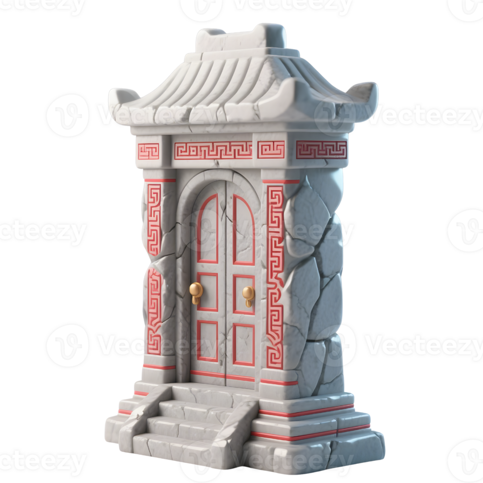 An ancient stone door with asian pagoda roof isolated on transparent background png