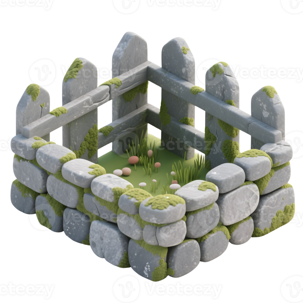 A miniature stone and wood fence with moss isolated on transparent background png