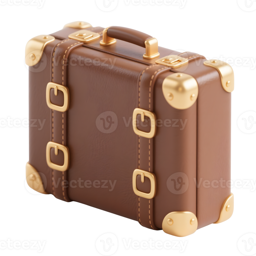 A brown vintage suitcase with gold accents isolated on transparent background png