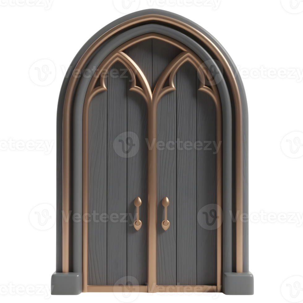 A gothic arched door with gold trim isolated on transparent background png
