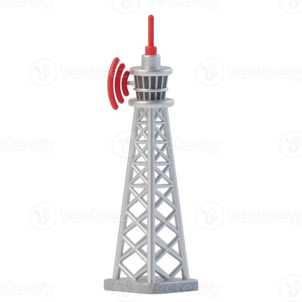 A gray communication tower with a red antenna isolated on transparent background png