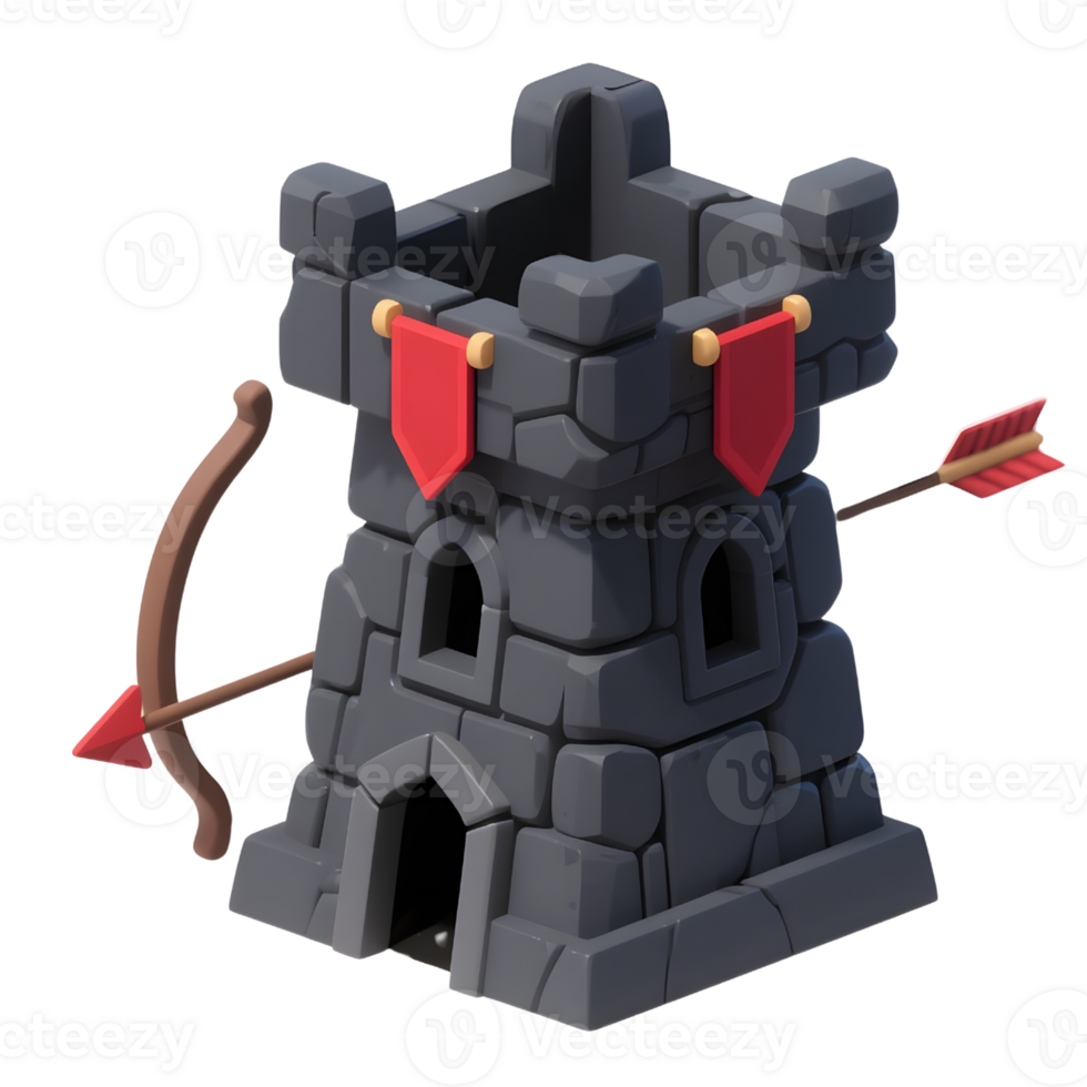 A gray medieval tower with red flags isolated on transparent background png