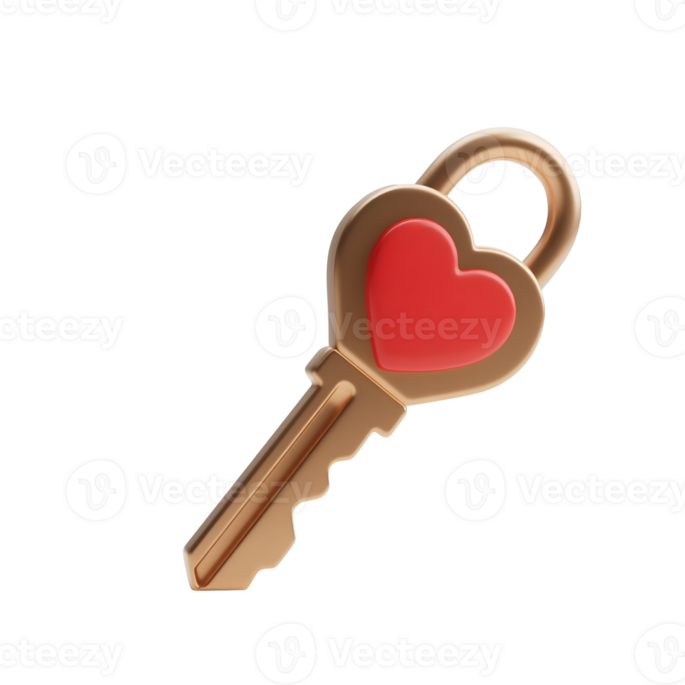 A golden key with a red heart isolated on transparent background png