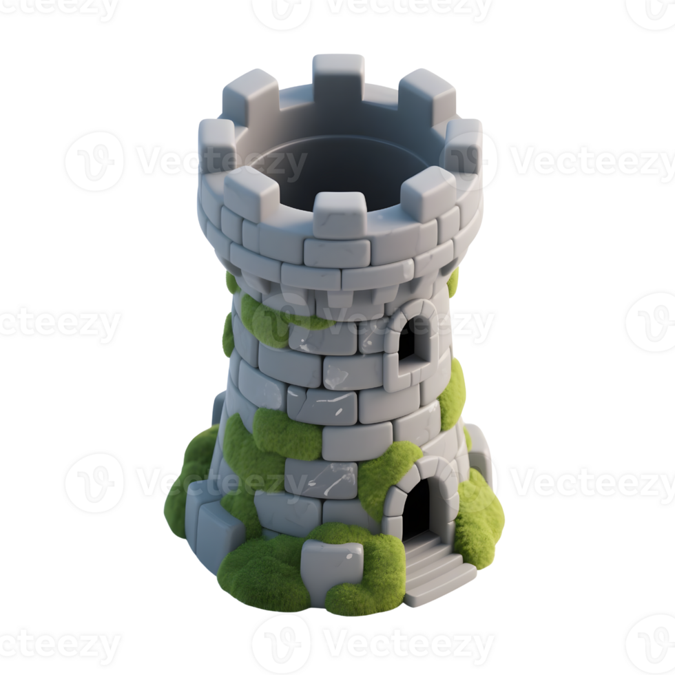 A gray stone castle tower covered in moss isolated on transparent background png