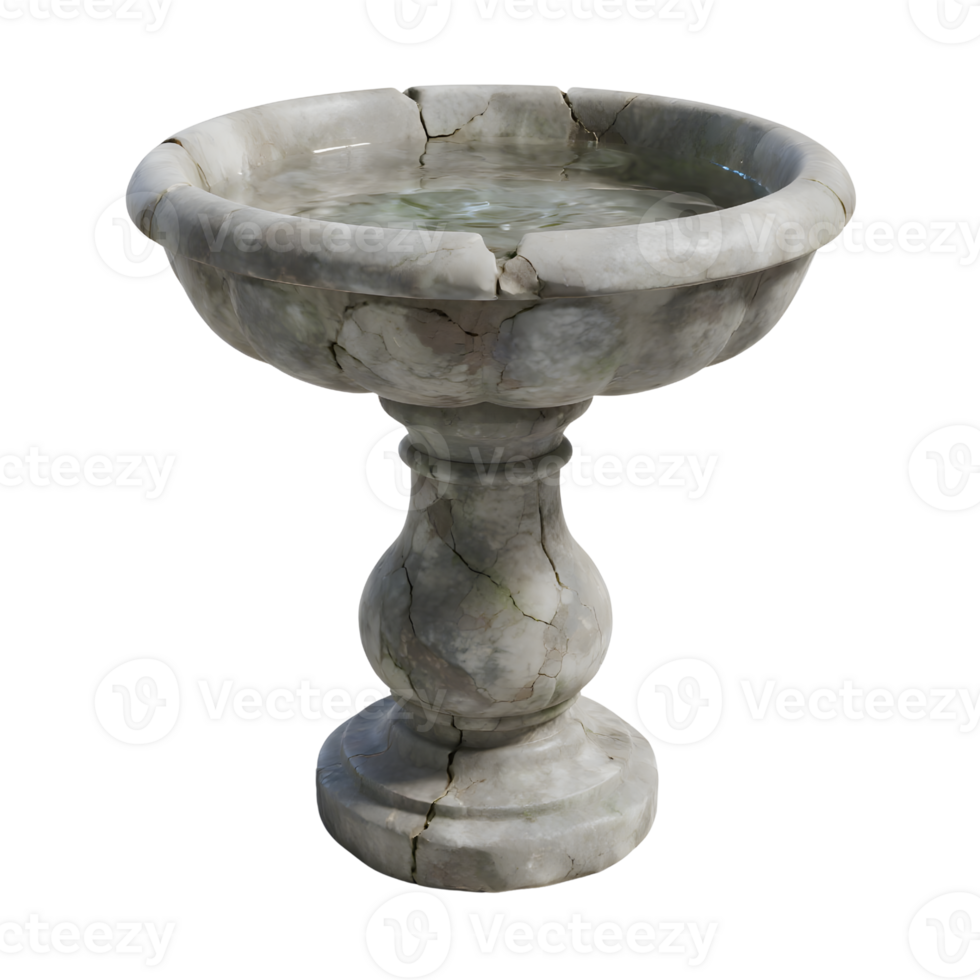 A cracked stone birdbath with water isolated on transparent background png