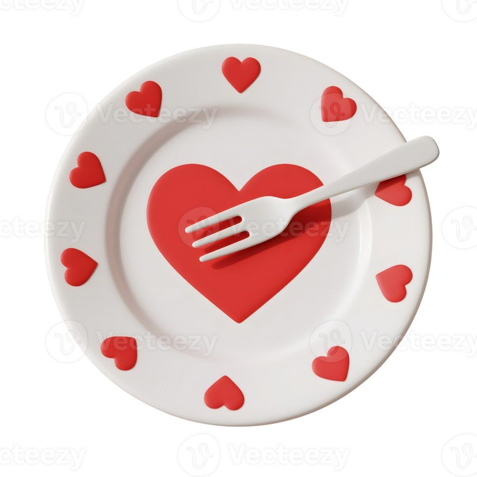 A plate with hearts and a fork isolated on transparent background png
