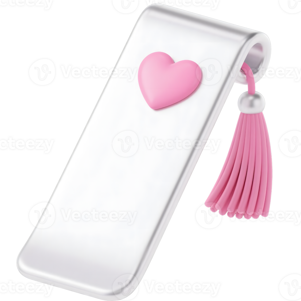 A silver bookmark with a pink heart isolated on transparent background png