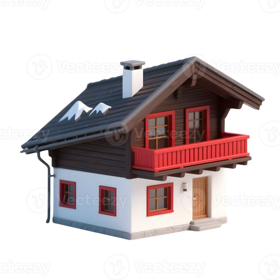 An alpine house with a red balcony isolated on transparent background png