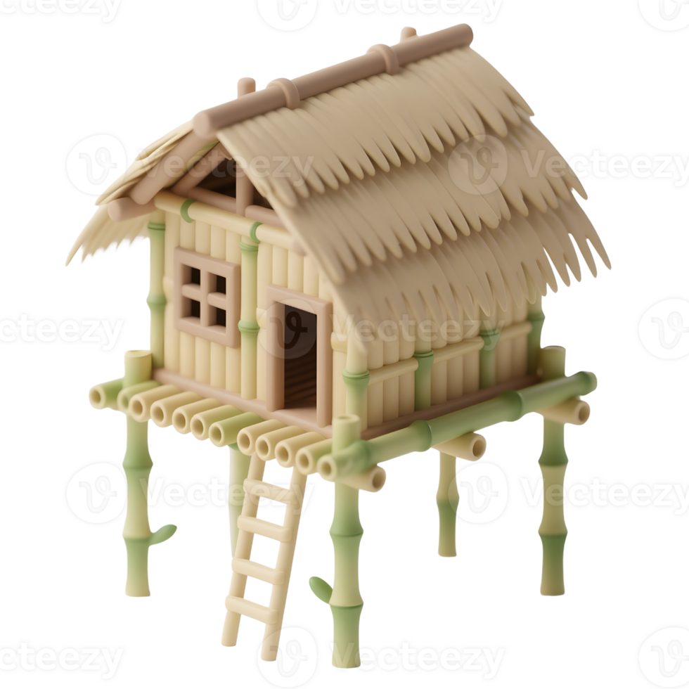 A bamboo stilt house with thatched roof isolated on transparent background png
