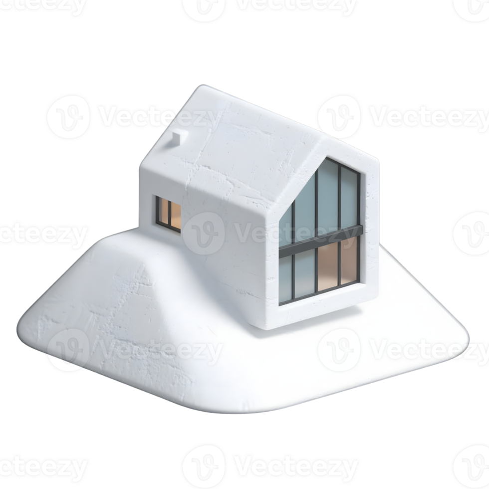 A modern white house on a snowy hill isolated on transparent background png