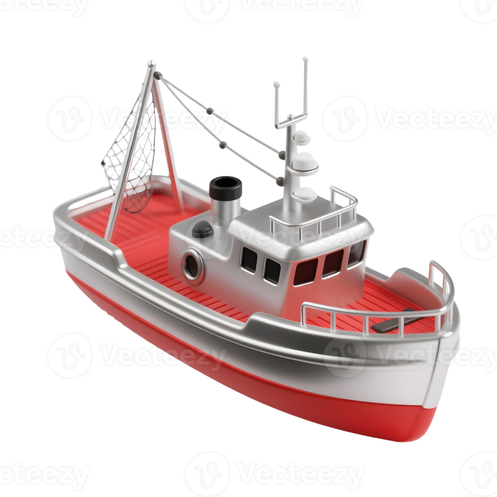 A red and silver fishing boat isolated on transparent background png