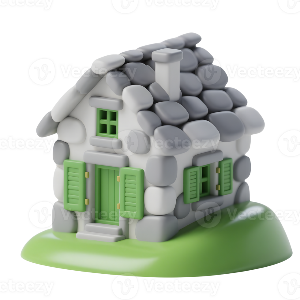 Cartoon stone house with green shutters isolated on transparent background png